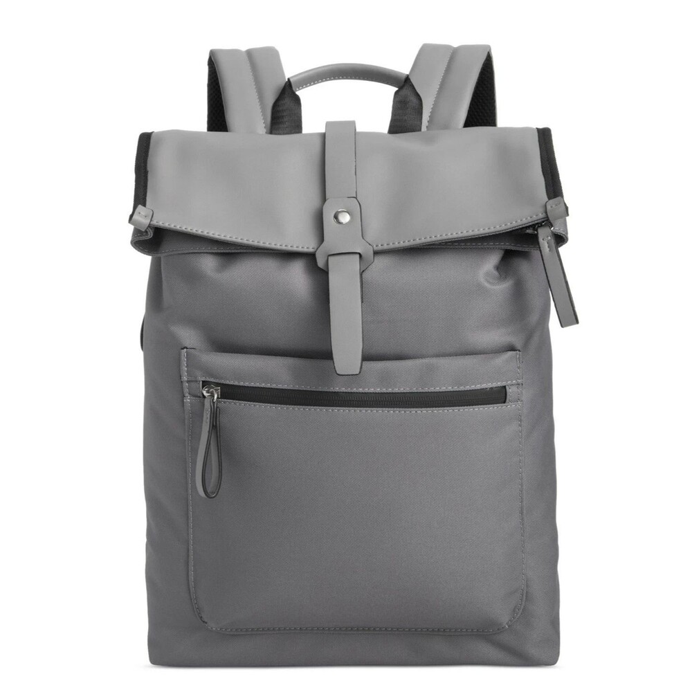 ALFANI Backpack Grey Canvas Roll Top Backpack Faux Leather Trim Laptop Sleeve